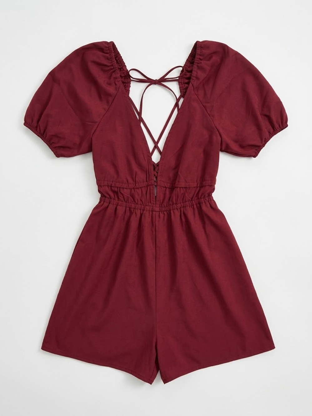 Women's Burgundy Short Sleeve Romper with Crisscross Back